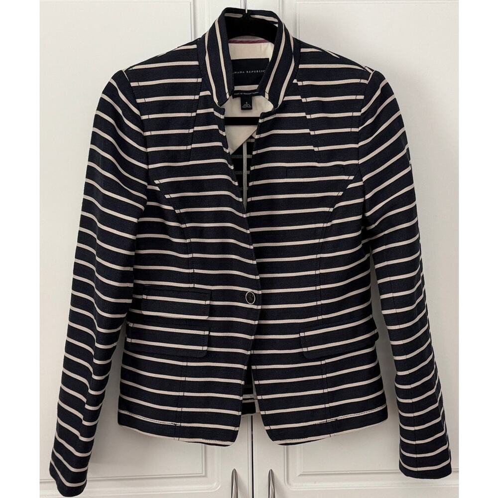 Banana Republic Navy Striped One Button Blazer Standup Collar Linen Blend Size 6
